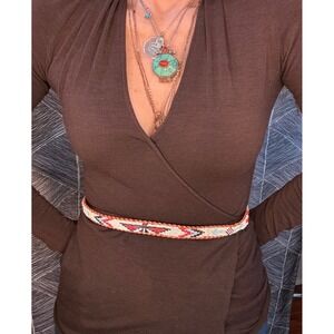 Vintage Southwestern Beaded Leather Belt Thunderbird Geometric Boho Red Brown